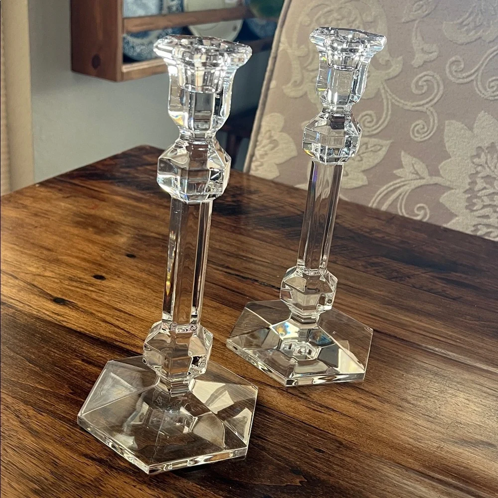 Vintage Pair of Val St. Lambert Gardenia Crystal Candlesticks Like New Signed
